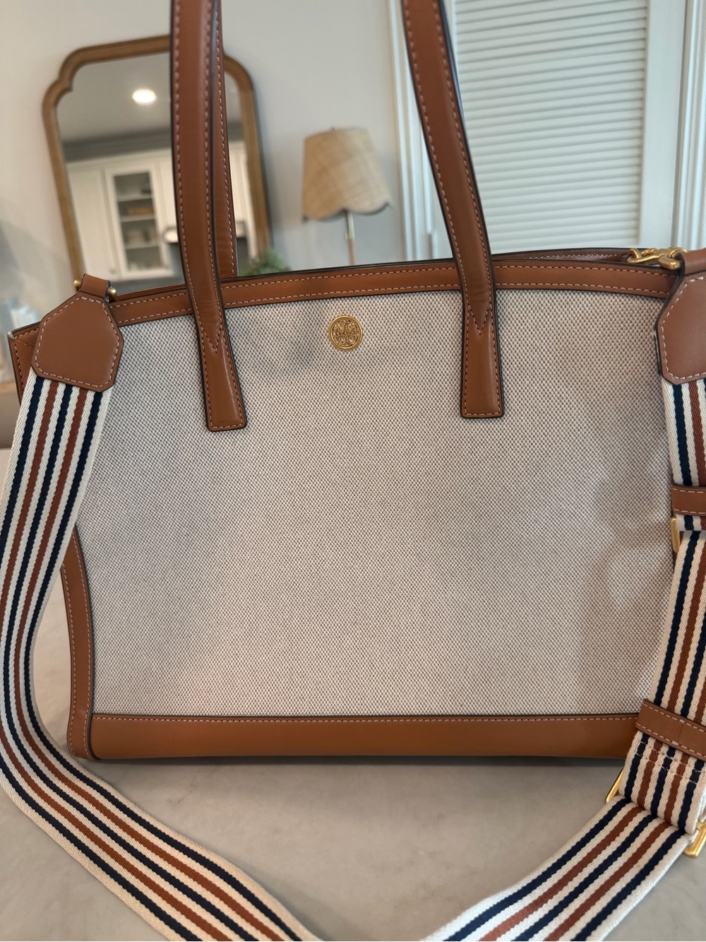 Tory Burch Neutral Canvas Tote with Tan Leather Trim and Striped Strap - Picture 3 of 16